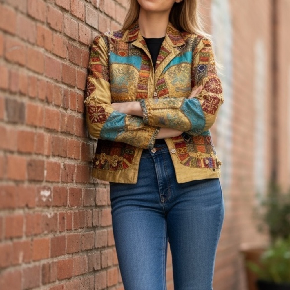 Sandy Starkman Boho Jacket Woven Silk Patchwork Embroidery Sequin Granny 90s S